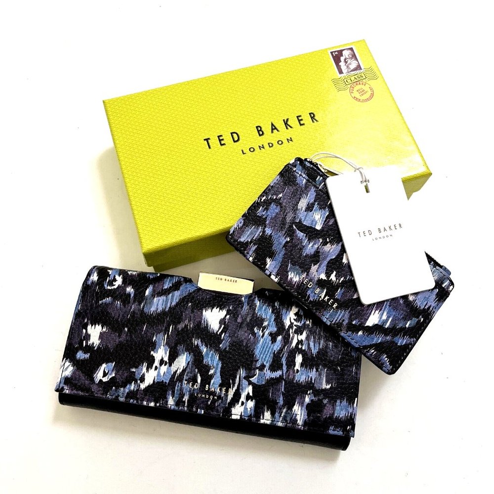 NWT Ted Baker London Boxed 2pc Wallet & Card Case Set Leather Blue Print Gift - Picture 2 of 13